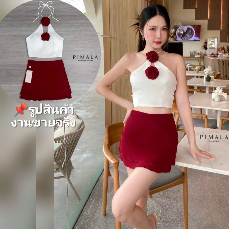 Pimala​ แท้ ตรงปก✨ร้านนี้มีพร้อมส่งเลย✅ไม่ต้องเช็ค*ส่งไว  ชุด​เซทคล้องคอ ดอกไม้ เวียดนาม ชุดออกงานสี​ ขาว​ แดง​