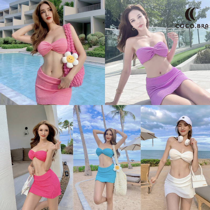 พร้อ​มส่ง ชุดว่ายน้ำแฟชั่น ชุดว่ายน้ำ+กระโปรง set 3ชิ้น ชุดว่ายน้ำผู้หญิง