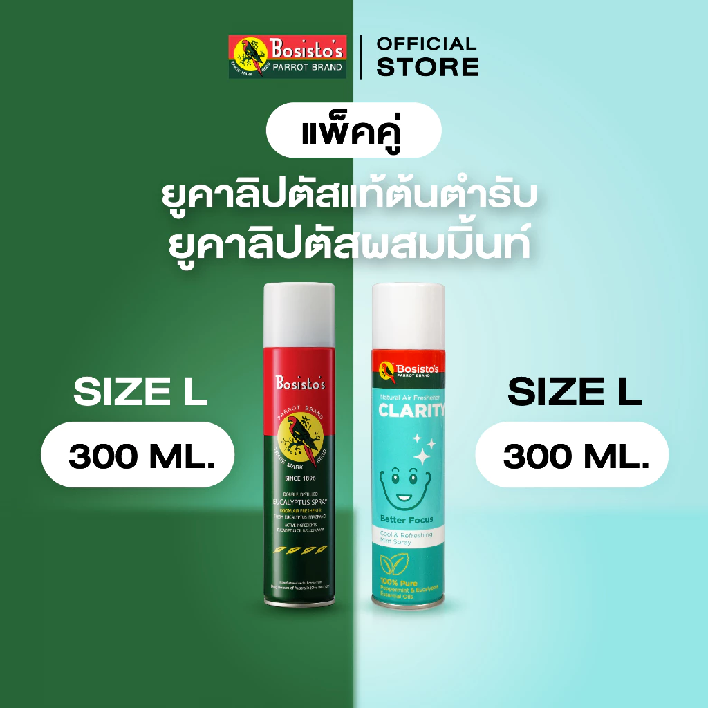 Bosisto ตรานกแก้ว แพ็คคู่ 300ml. สเปรย์น้ำมันยูคาลิปตัส & ยูคาลิปตัสผสมมิ้นท์