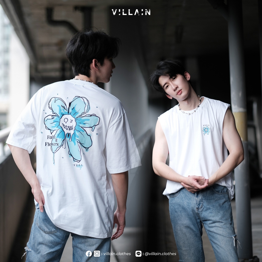 VILLAIN เสื้อ Oversize "ALL Flower" [รุ่นยอดฮิต สกรีนหน้า-หลัง ทรงสวย Cotton100% ผ้านุ่ม ใส่สบาย]