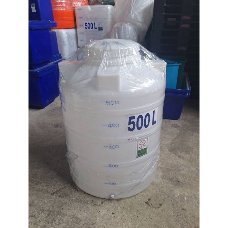 แทงค์น้ำขนาด500ลิตรสีขาว ผลิตใหม่เกลียวทองเหลืองขนาดถังกว้าง90เซนติเมตรสูง120เซนติเมตรผลิตจากเม็ดพลาสติกSCG.มี มอก.