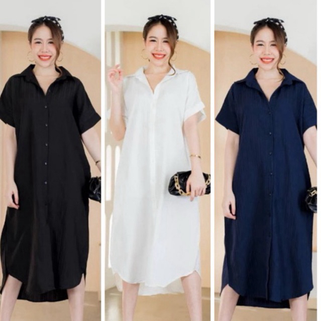 สีดำ chillchill dress เดรสยาว เดรสแขนสั้นปกเชิ้ต กระดุมเรียงเม็ด ตัวยาว สีพื้น ใส่ง่าย ใส่สบาย มีกระเป๋าทั้ง 2 ข้าง