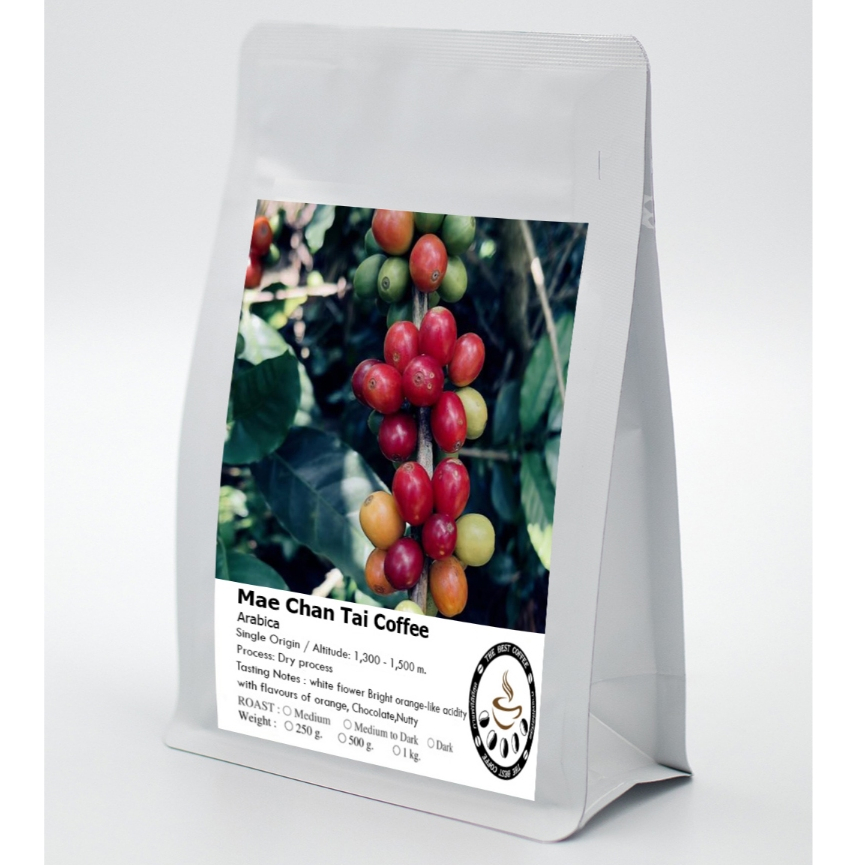 เมล็ดกาแฟแม่จันใต้ คั่วหอมๆ ผลกาเเฟสีเเดง เกรด A (Mae Jun Tai Coffee Medium Roast Grade A)