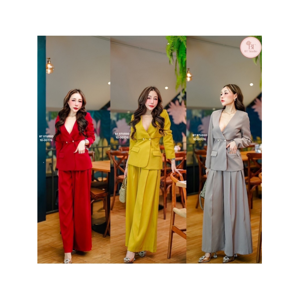 BT 10-00176 เซท 2 ชิ้น เสื้อเบเซอร์แขนยาวคอปกใหญ่มาพร้อมกางเกงขายาวเอวสูง