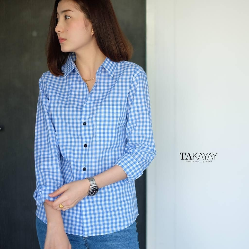 takayay brand เสื้อเชิ๊ต สก๊อตฟ้ากลาง 36-54 นิ้ว เสื้อเชิ้ตสก๊อต ผ้าคอตตอนทวิล ราคา ถูกที่สุด ดีลบีเคเค