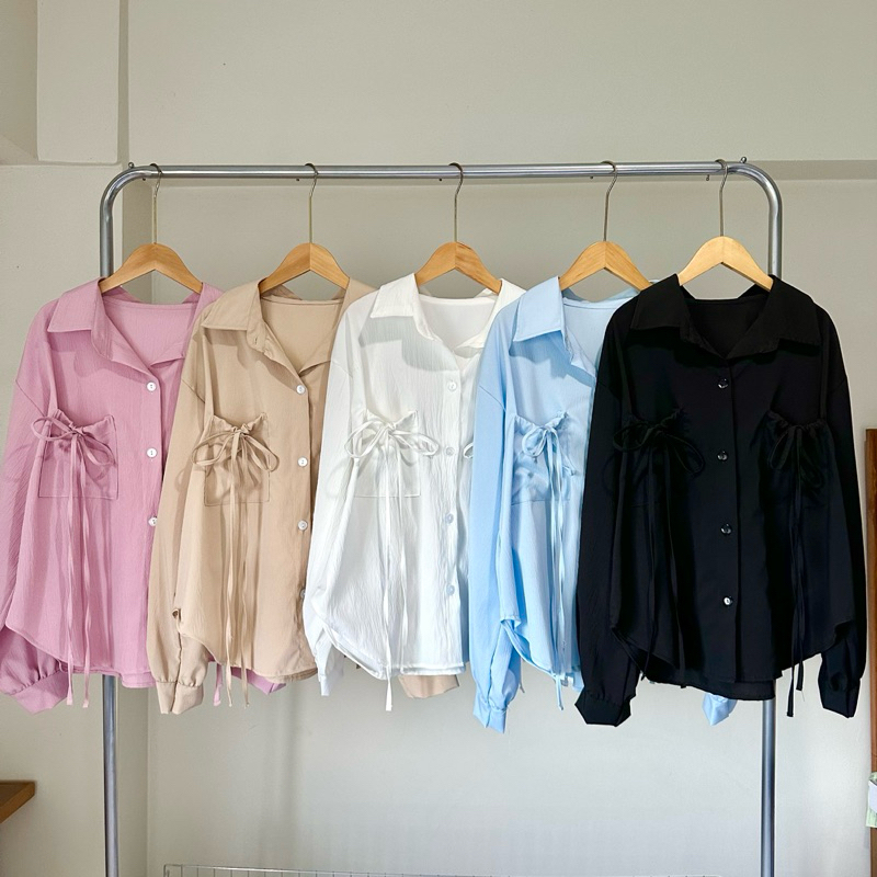 เสื้อเชิ้ตแขนยาวทรงโอเวอร์ไซส์ ดีเทลกระเป๋ารูดผูกโบว์ อก30-50 นิ้ว