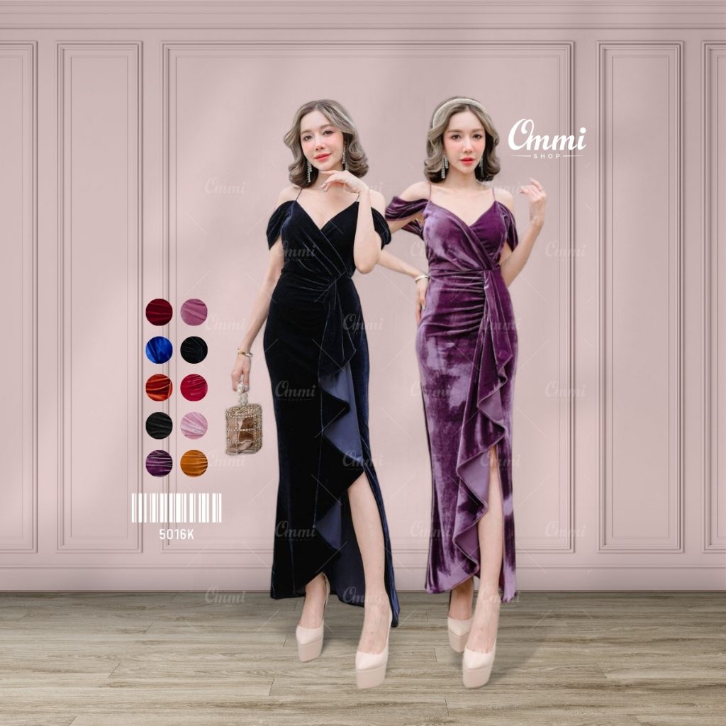 Ommishop ชุดราตรี 5016K สายเดี่ยวไขว้อกหน้า เดรสออกงาน ชุดงานแต่ง เพื่อนเจ้าสาว