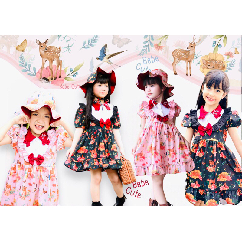 ชุดเดรสเด็กผู้หญิง สีดำ สีชมพู เซทเดินป่า ลายกวาง