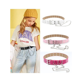 (พร้อมส่งในไทย) เข็มขัดแฟชั่นเด็กหนังเทียม แต่งหมุดสไตล์พังค…