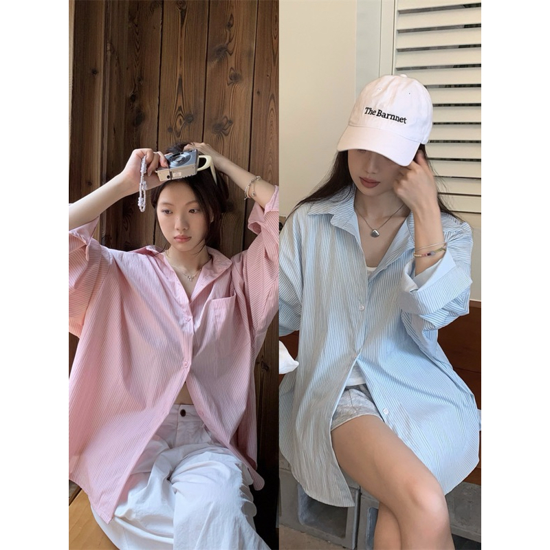 (T589) 💗🌷 𝑺𝒂𝒌𝒊𝒚𝒂 𝑺𝒉𝒊𝒓𝒕 🌸☀️ เสื้อเชิ้ตแขนยาวทรงโอเวอร์ไซส์ ผ้านิ่ม ใส่สบาย พร้อมส่ง 2 สี