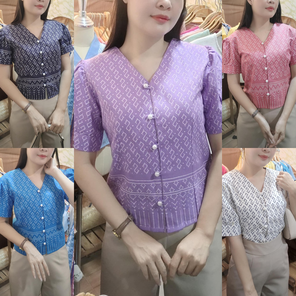 เสื้อผ้าฝ้ายพื้นเมือง คอวีผ้าซักนุ่ม พิมพ์ลาย ลายขอเล็ก