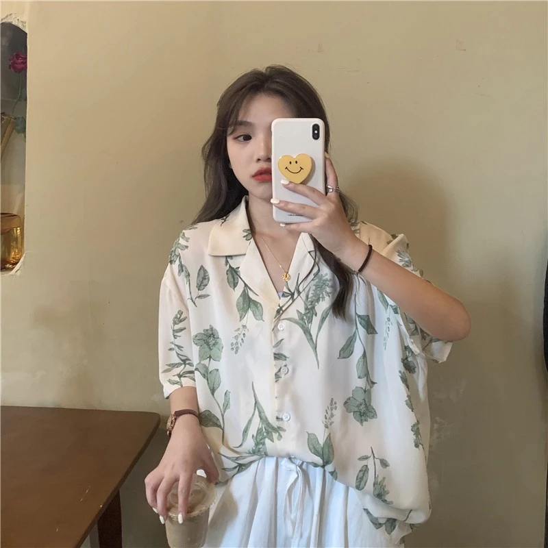 เสื้อเชิ้ตลายดอกผู้หญิง แขนสั้น ผ้าชีฟอง ลายใบไม้ร่วง รุ่น w376 thumbnail 6