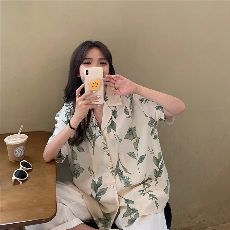 เสื้อเชิ้ตลายดอกผู้หญิง แขนสั้น ผ้าชีฟอง ลายใบไม้ร่วง รุ่น w376 thumbnail 7