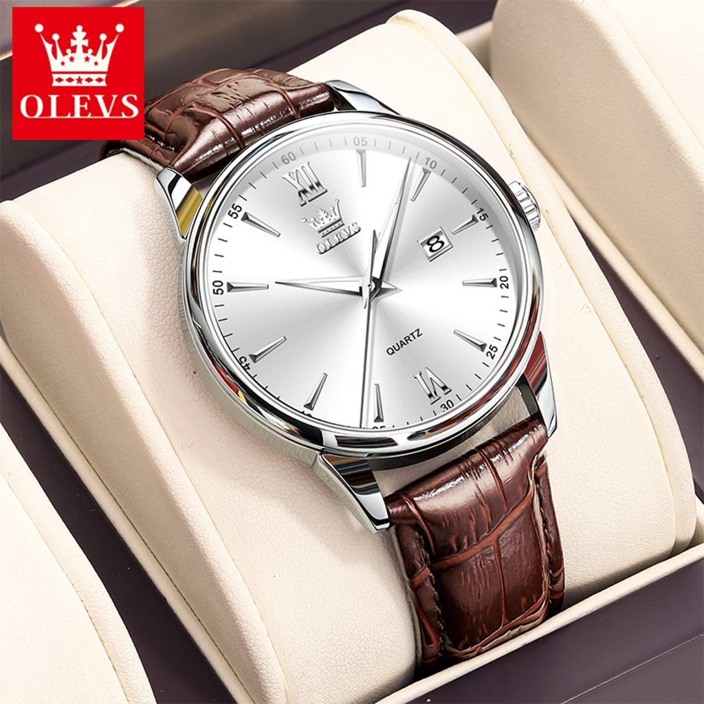 OLEVS นาฬิกาผู้ชาย กันน้ำ 100% ธุรกิจ เดิม หนัง สีน้ำตาล นาฬิกา แฟชั่น ปฏิทิน ส่องสว่าง แบรนด์ 5009
