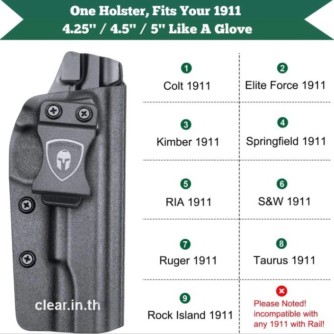ซองพกใน 1911 Holster - IWB Kydex Holster Fit 1911 5'' No Rail Pistol, Right USA WARRIORLAND holster 