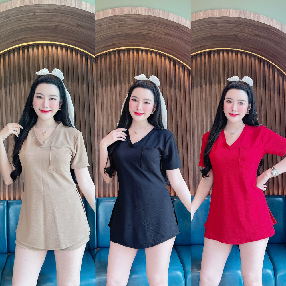 ชุดเซตสั้นผ้าวูลเวฟ เสื้อทรงยาวคอวีกระเป๋าหน้าผ่าข้าง+กางเกง  ( ข11,ข16 ) A4778