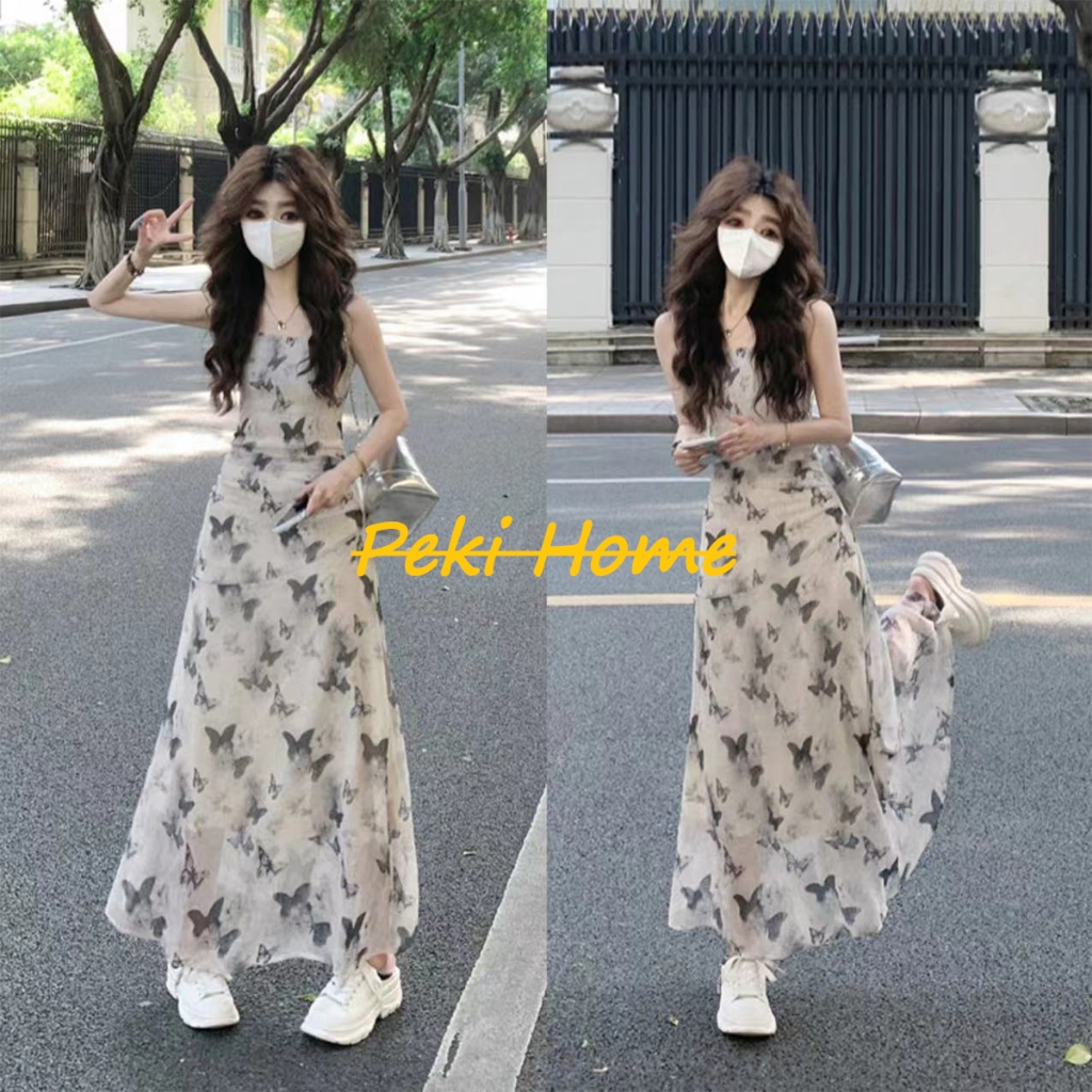 เดรสสายเดี่ยว ลายผีเสื้อ สีสันสดใส สไตล์ฝรั่งเศส ฤดูร้อน