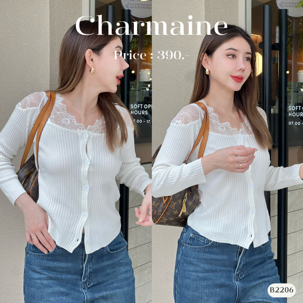 เสื้อแขนยาว แต่งลูกไม้ช่วงไหล่ กระดุม ผ้าไหมพรมถัก Clothing ผู้หญิง B2206 l CHARMAINE