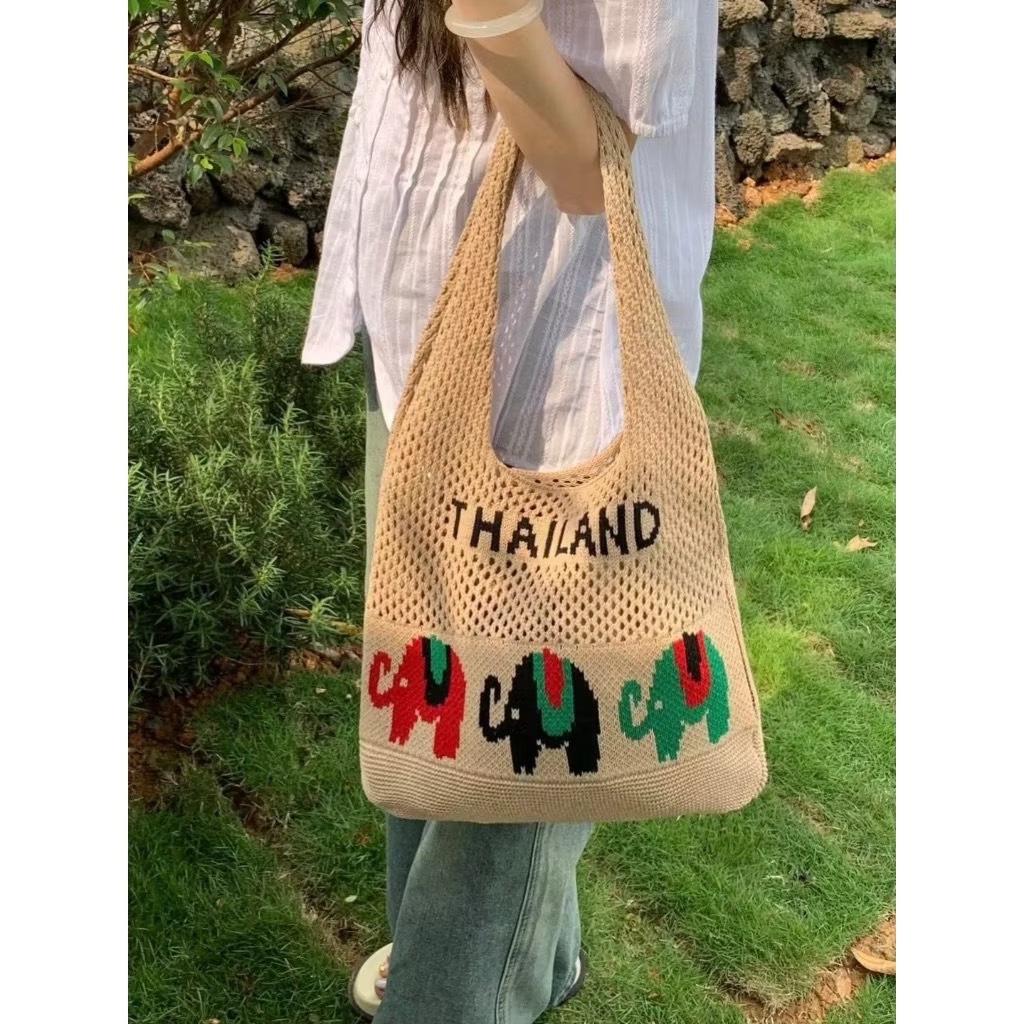 กระเป๋าถักไหมพรม ลายช้าง กระเป๋าสะพายไหล่แฟชั่นสำหรับผู้หญิง (A508)