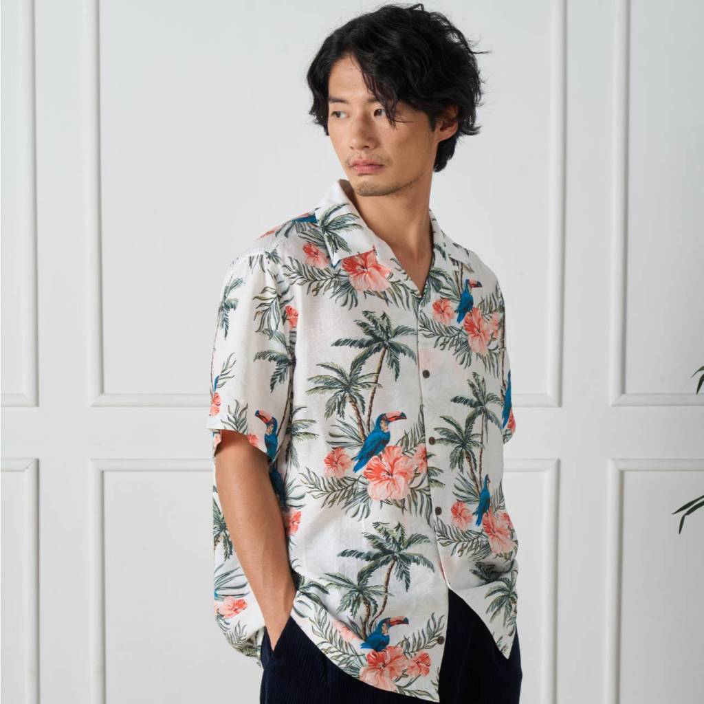 Shirtoria Hawaii-ลายhornbill เสื้อเชิ้ตแขนสั้นผู้ชาย Non Iron