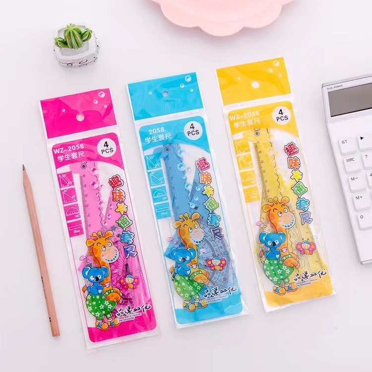 ruler set พร้อมส่ง เซ็ท 4 ชิ้น ชุดไม้บรรทัดเรขาคณิต ไม้บรรทัดการ์ตูนน่ารัก ชุดเลขาคณิต พกพาสะดวก