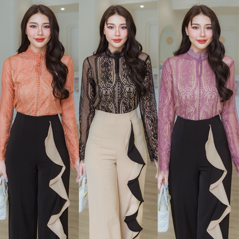 181 เสื้อลูกไม้เนื้อนิ่มแขนยาวแต่งกระดุมหน้า (มีซับใน)