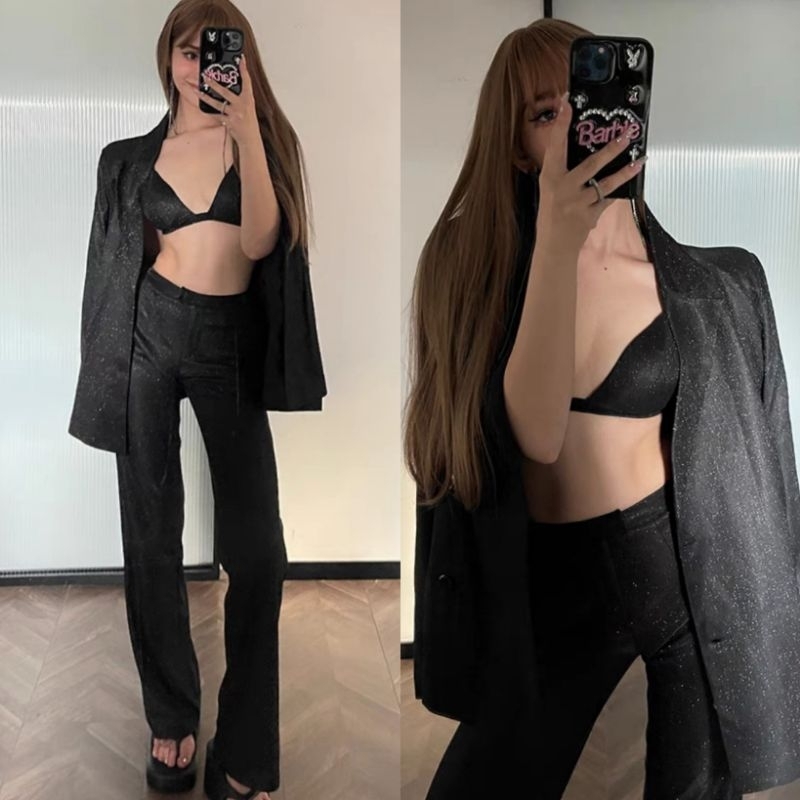 เสื้อสูทเบรเซอร์ผ้ากลิตเตอร์ทรง Oversize ชุดเซทกางเกงขายาวพร้อมบราผ้าเลื่อมวิ้งๆสีดำ (สินค้าในไทย )