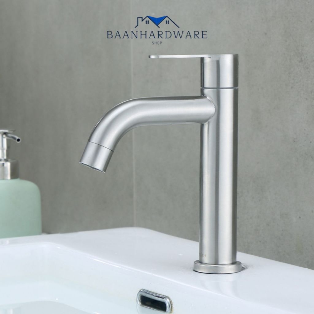 ก๊อกน้ำสแตนเลสแท้ 304 ใส่อ่างล้างหน้า ล้างมือ ดีไซน์สวยงาม วาล์วทองเหลือง MA-A-201S