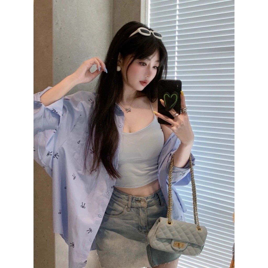 SMB159 เสื้อเชิ้ดผ้าใส่สบาย ฟรีไซส์ อก 40  ลายโบว์น่ารักมาก คอปกแขนยาว