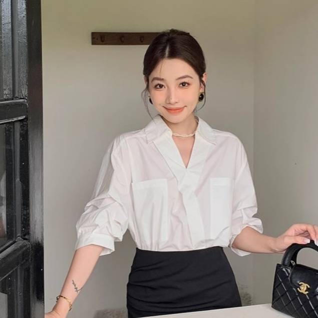 SMB202 เสื้อเชิ้ตคอปก ผ้าไหมอิตาลี สีขาวแขนสามส่วน เข้ากับทุกลุค ใส่ทำงานคือสวยแพงมาก ฟรีไซส์อก 40