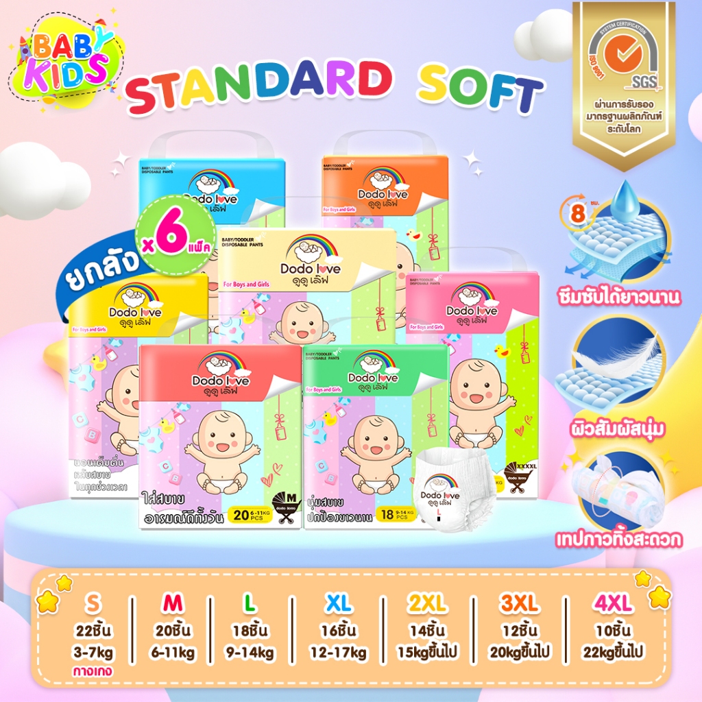 ยกลัง 6 ห่อ Babykids ห่อเล็ก Size S- 4XL DODOLOVE Standard Soft กางเกงผ้าอ้อม นุ่ม บางเบา ใส่สบาย ผ้าอ้อม
