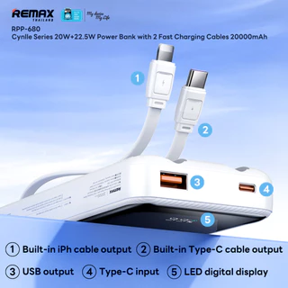【 New CCC Certified 】 Remax Power Bank 20000mAh (RPP-680) - แบตสำรอง มีสายในตัว ชาร์จเร็ว 3 พอร์ต USB / Type-C / L