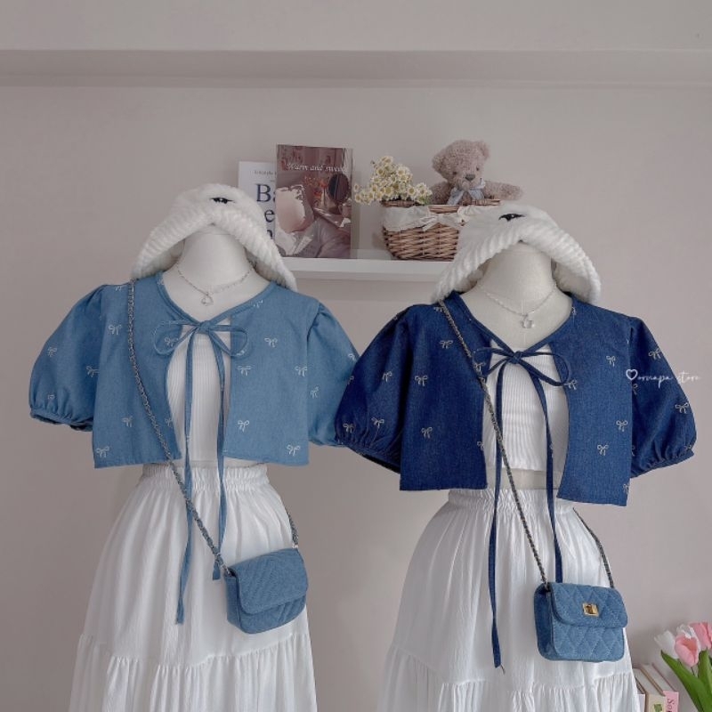 🦋🤍☁️ชุดเซต เสื้อคลุมยีนส์ปัก โบว์ - หัวใจ+ กระโปรงยาว น่ารัก