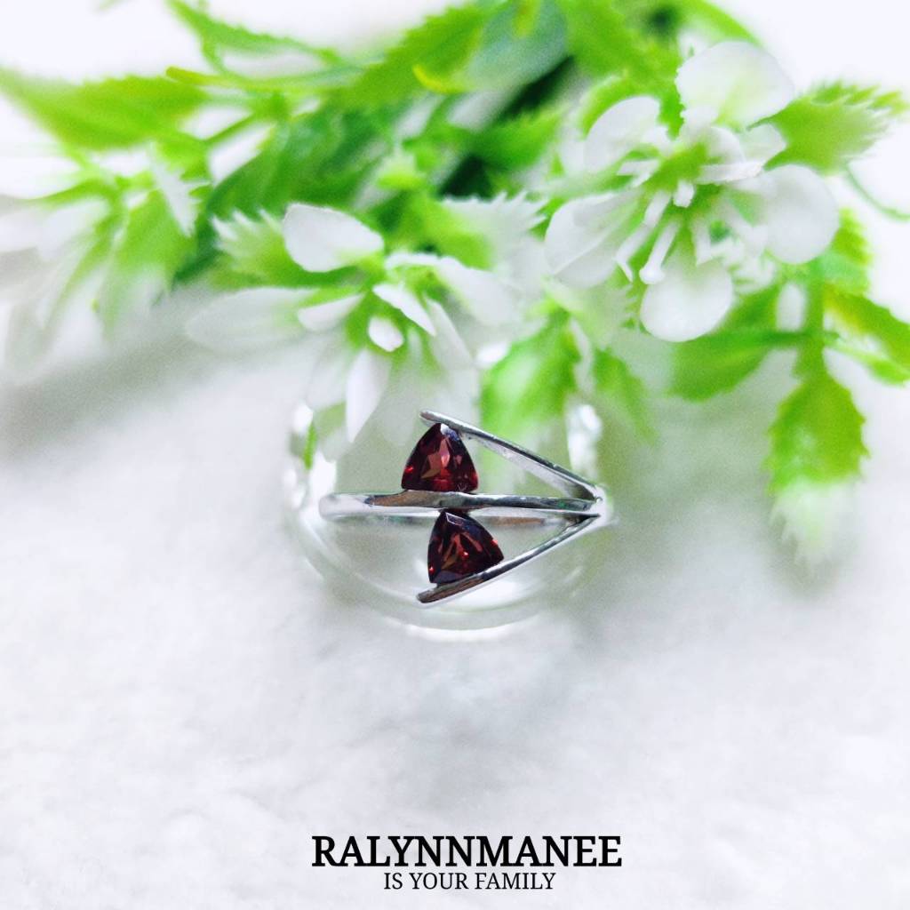 G6450 แหวนพลอยโกเมนแท้ ( Natural Garnet ) ตัวเรือนเงินแท้925 ชุบทองคำขาว ไซส์58 แก้ไซส์ฟรี