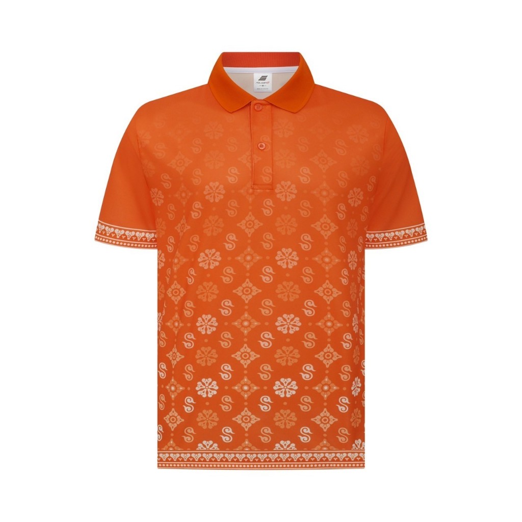 Poligan S เสื้อโปโลพิมพ์ลายดอกรักราชกัญญา สีส้ม รหัสสินค้า PS027