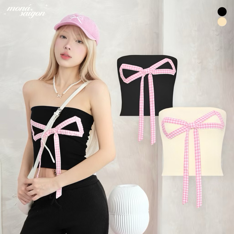 ส่งต่อเสื้อเกาะอกผูกโบว์หน้า mona สีครีม แบรนด์เวียดนาม size s new