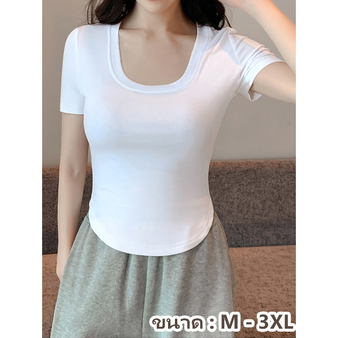 🍒 คอ U เสื้อยืดครอป แขนสั้น เวอร์ชั่นเกาหลีของกระแสน้ำแน่นเข้ารูปพอดีสั้นเอวสูงบางผู้หญิงด้านบน สาวอ