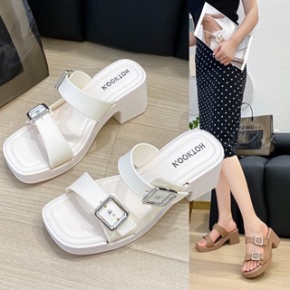 รองเท้าส้นตึกแบบสวมดีไซน์สายเข็มขัดD317