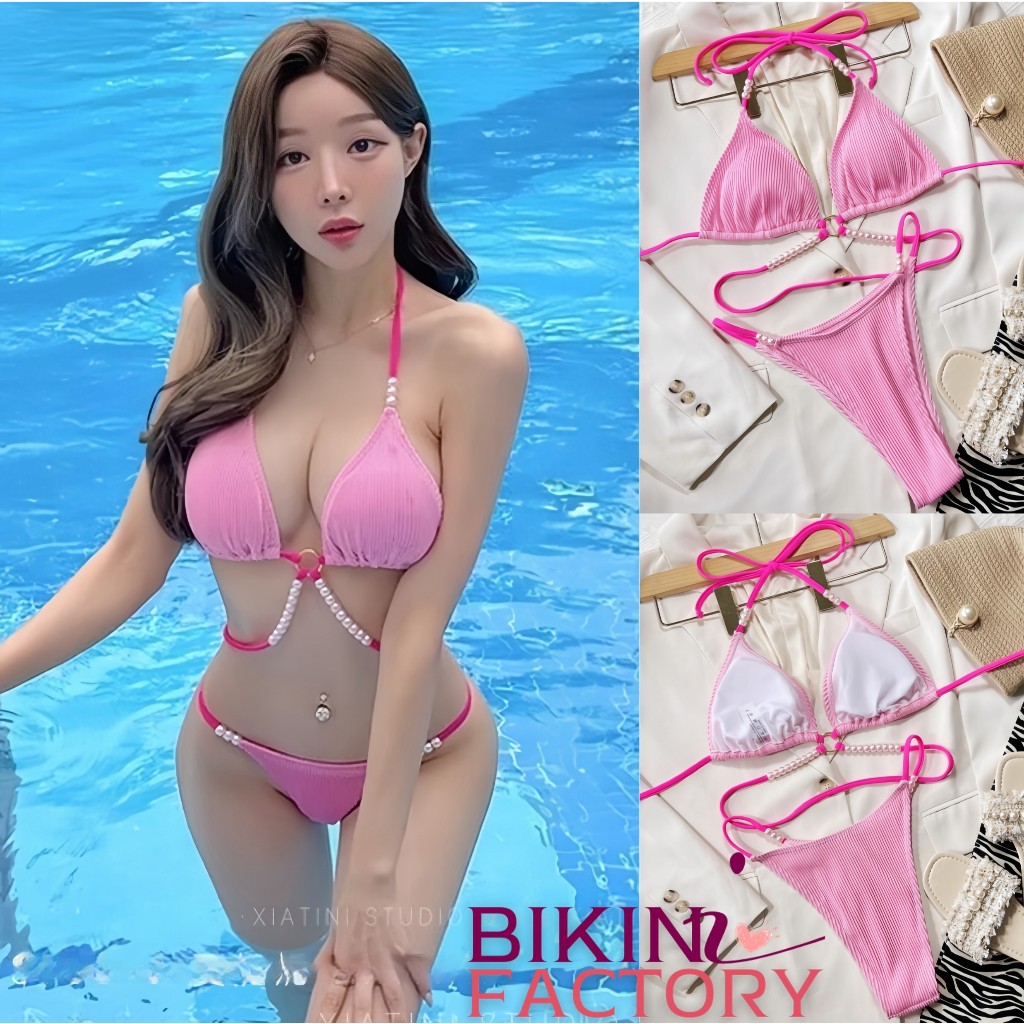 BIKINI FACTORY บิกินี่เซ็กซี่ ชุดว่ายน้ำ2ชิ้น บิกินี่สีชมพู มีฟองน้ำ หน้าอกประดับมุกน่ารัก ผูกคอผูหลังมีสามไซต์ BK-066