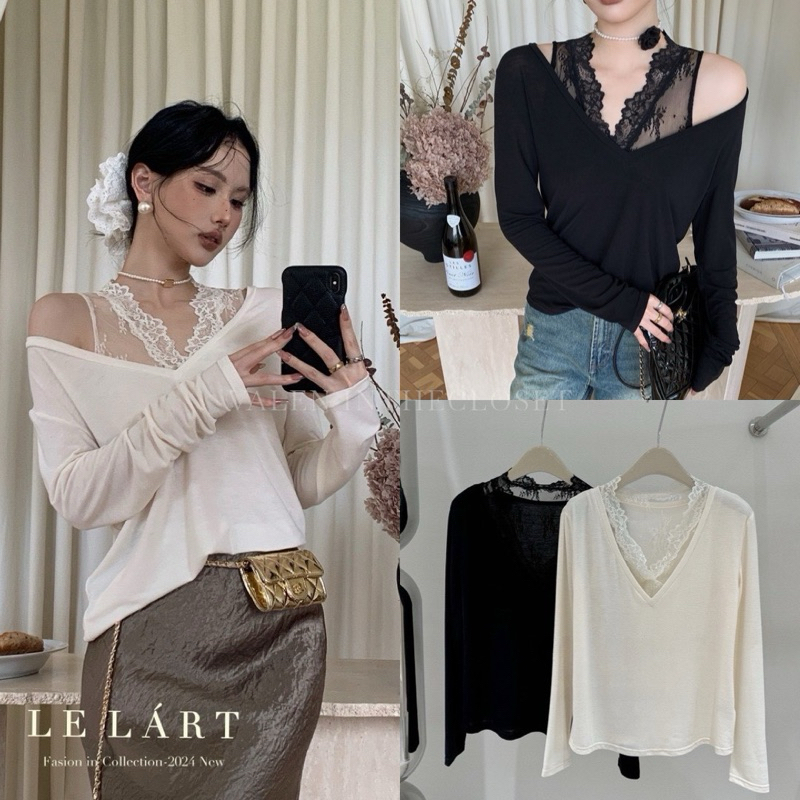 LONG LACE TOP มาด้วยกัน2ชิ้น เสื้อแขนยาว ดีไซน์คอวีผ่าลึก จะใส่แบบปาดไหล่