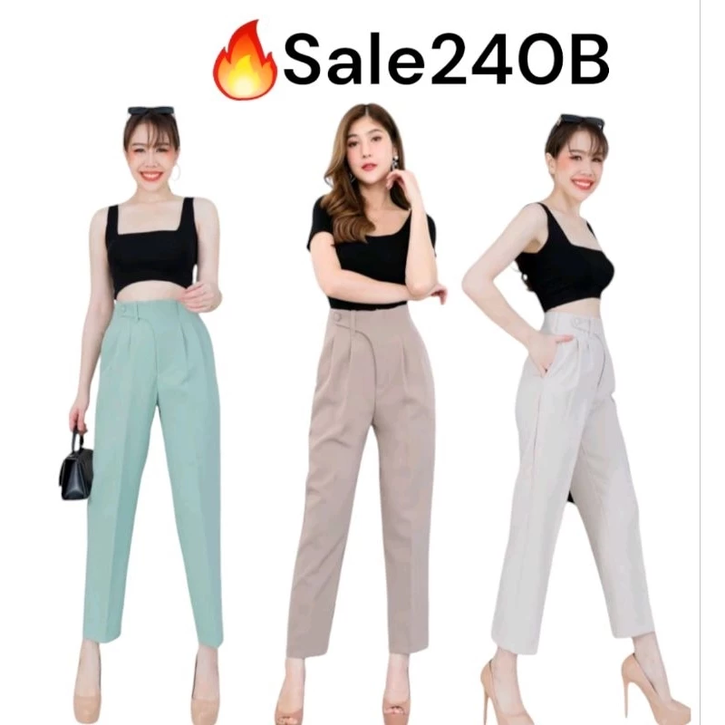 New🎉กางเกง9ส่วนเอวสูงจีบหน้ากระดุมข้าง#ทรงหลวม#หูช้าง