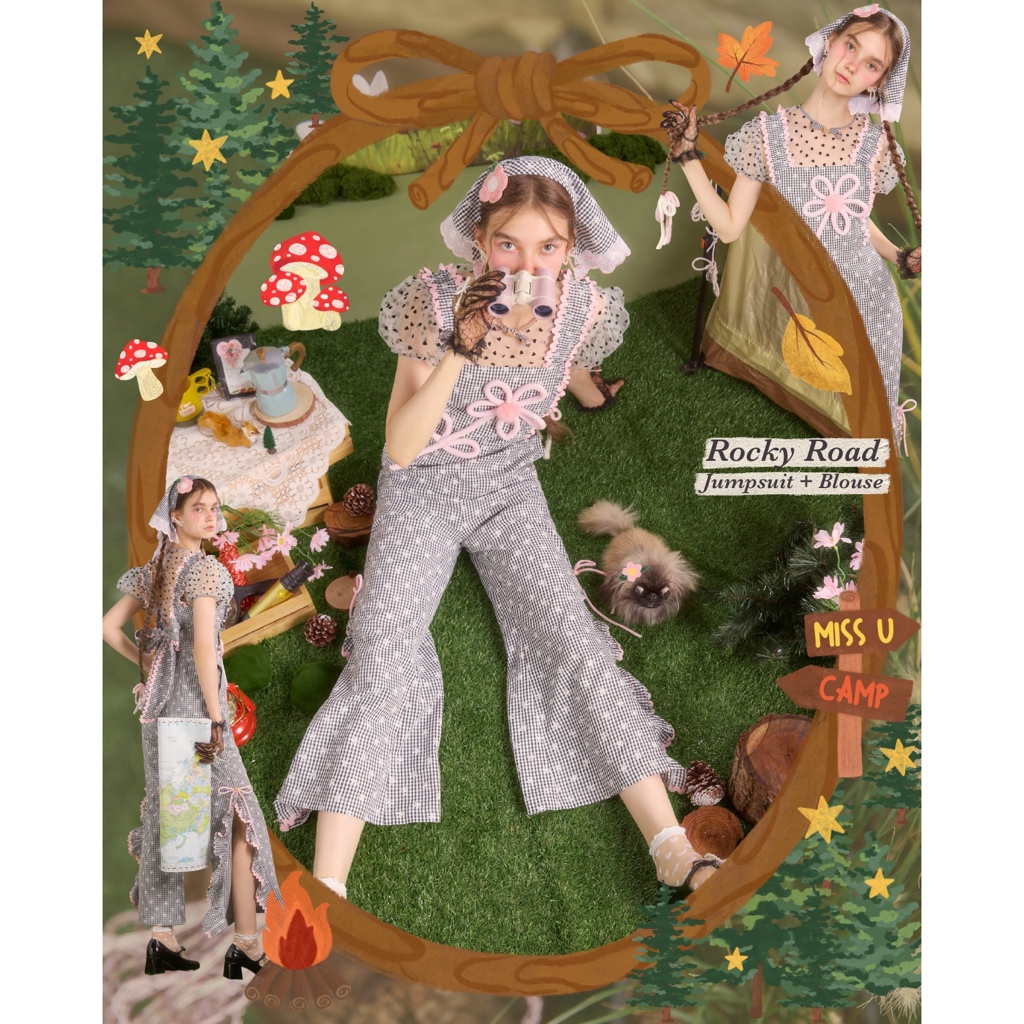 Rocky Road Jumpsuit จั๊มสูทขายาวลายสก็อตสีดำ ใส่คู่กับเสื้อผ้าลูกไม้ลายหัวใจ และที่คาดผมเข้าเซ็ต