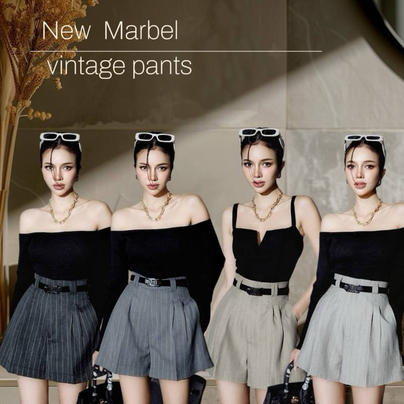 #COTTON CANDY กางเกงขาสั้นริ้วคลาสสิค New Marbel vintage pants ไม่รวมเข็มขัดค่ะ