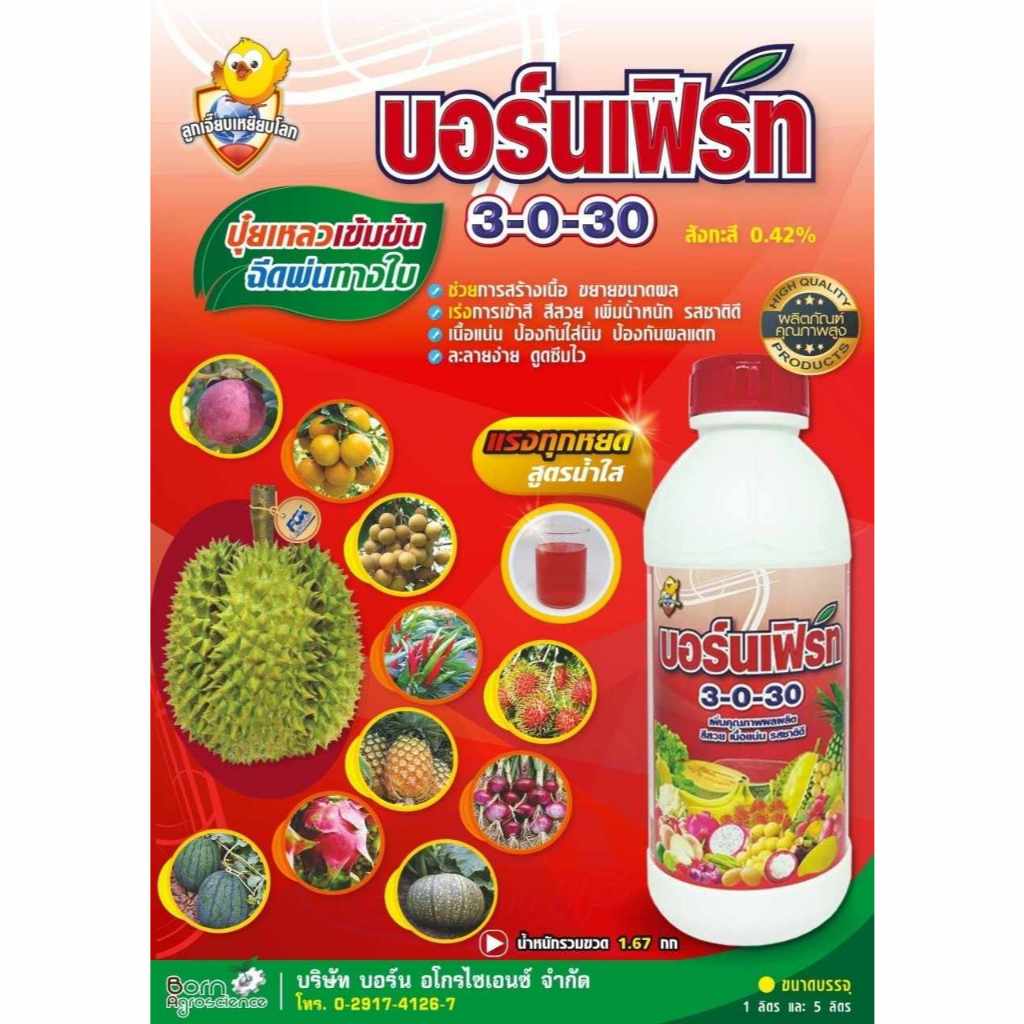 3-0-30 บอร์นเฟิร์ท 1 ลิตร ปุ๋ยน้ำช่วยสร้างเนื้อ ขยายผล เร่งเข้าสี เพิ่มน้ำหนัก เนื้อแน่น ช่วงข้าวตั้งท้อง ละลายง่าย