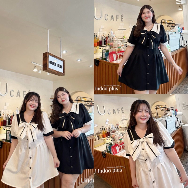 LD ชุดเดรสคอปก ดีเทลแต่งโบว์เข้าเซ็ตน่ารักมาก ไซส์ใหญ่ สาวอวบ