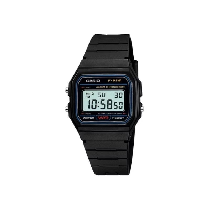 นาฬิกาข้อมือ CASIO F-91W-1UR สีดำ กันน้ำ 50 เมตร มีระบบจับเวลาไฟ LED DRY