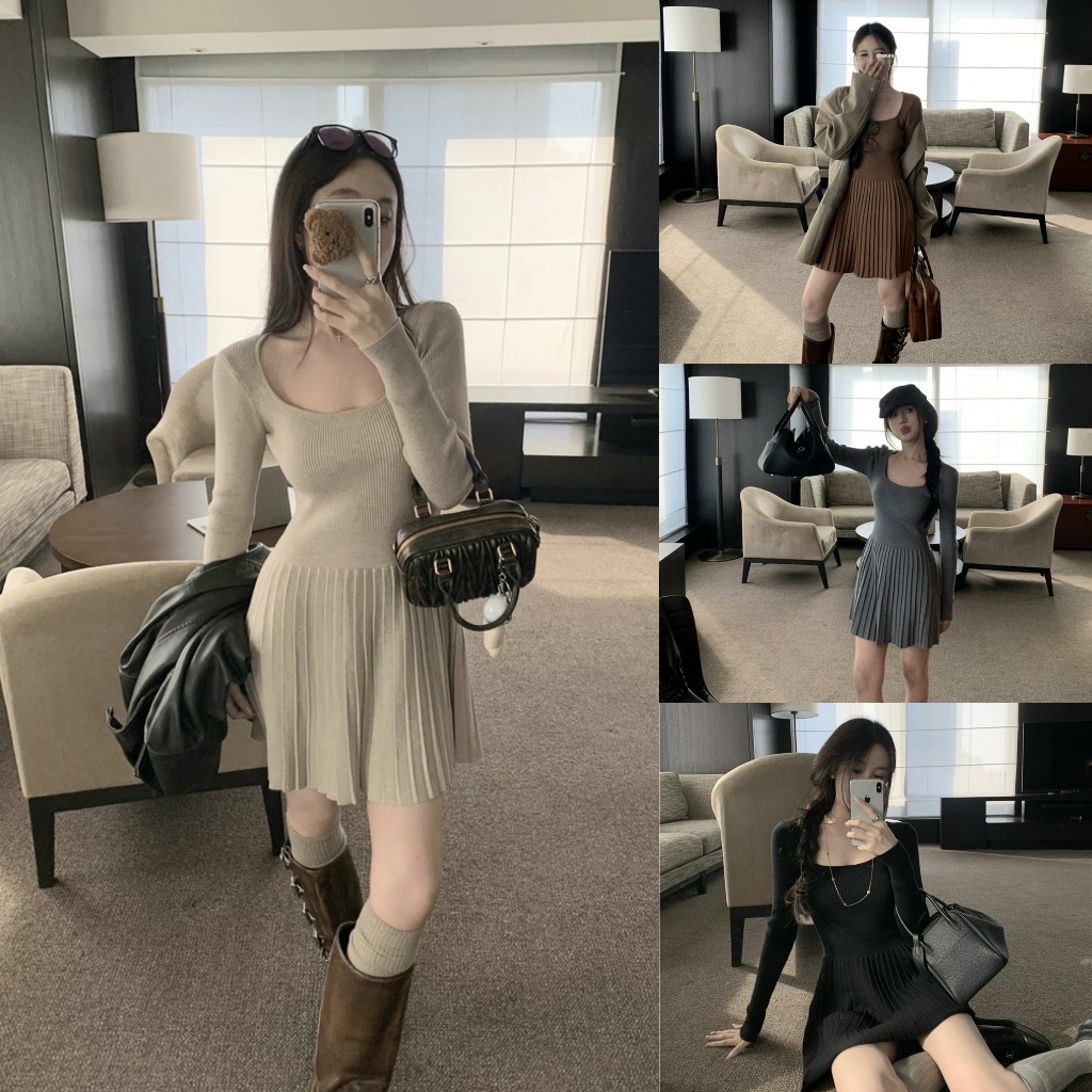 พร้อมส่ง 4สี เดรสสั้นไหมพรมแขนยาว กระโปรงอัดพลีทระบาย (D261)