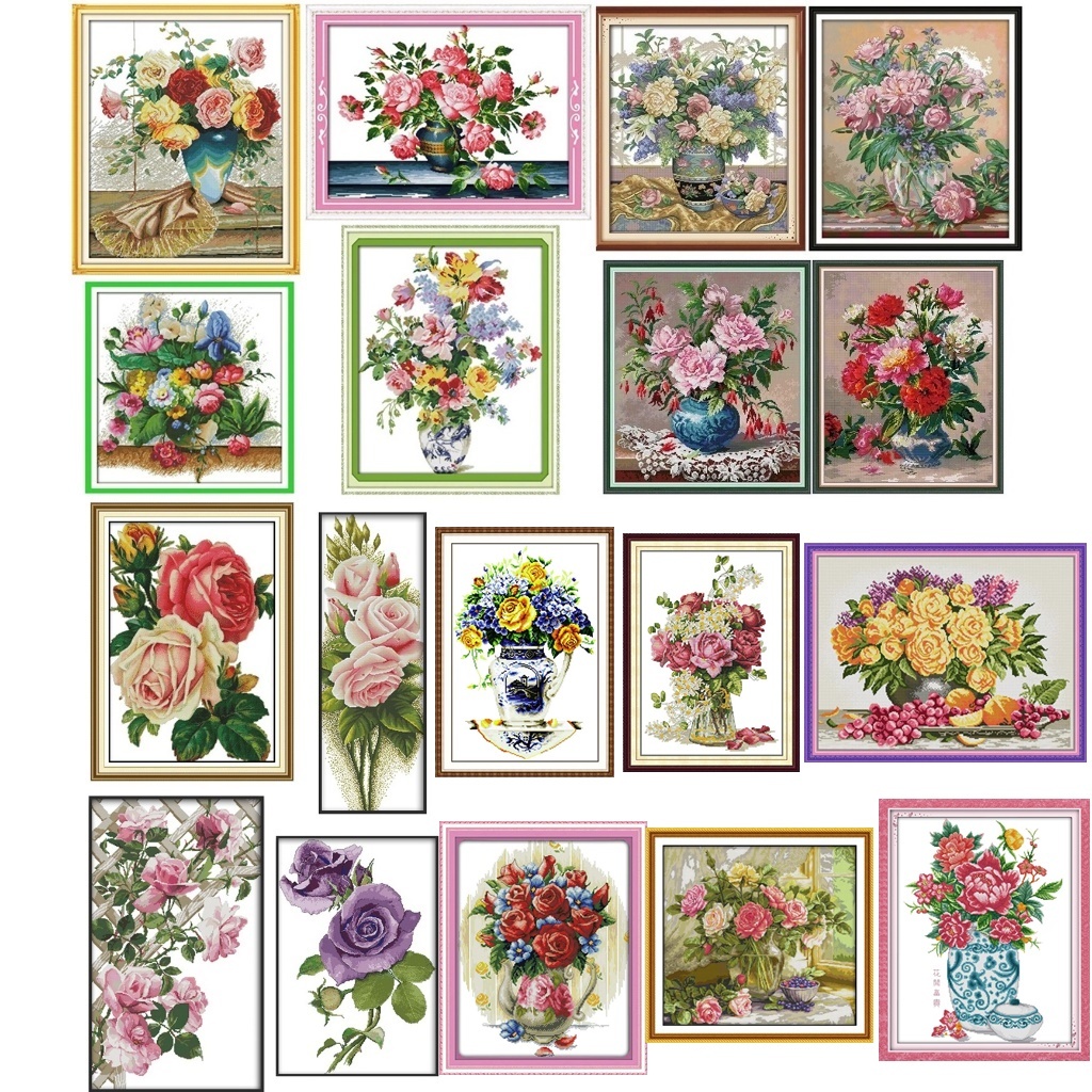 ชุดปักครอสติช แจกัน ดอกไม้ กุหลาบ โบตั๋น (Flower vase, rose, peony Cross stitch kit)