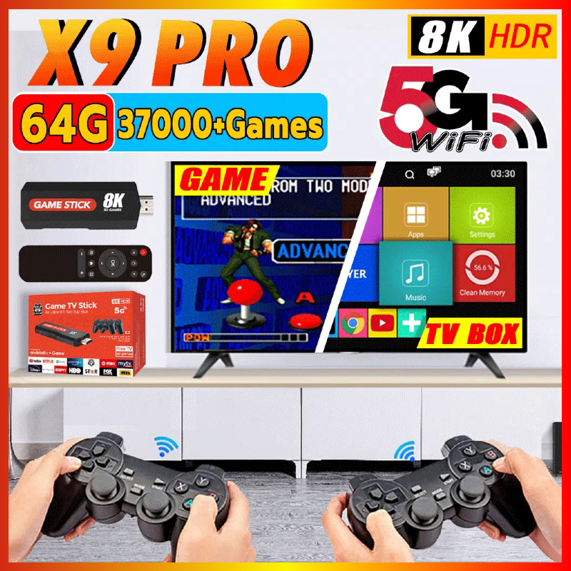 Game Stick X9 Pro 8K 37000 HDMI 3D เกมคอนโทรลเลอร์คอนโซลเกม Retro แบบพกพาและ rตัวควบคุมไร้สาย