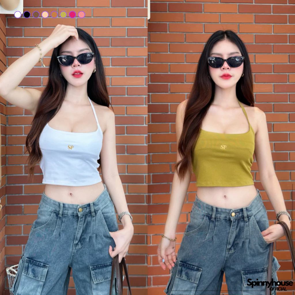 🌈SpinnyHouse🌈เสื้อครอปคล้องคอ ผ้ายืดยูนิ ปักโลโก้อก 😻 ทรงสวยใส่แล้วพรางหุ่น สาวอวบใส่ได้ พร้อมส่งทุกสี รุ่น คล้องคอปักSP